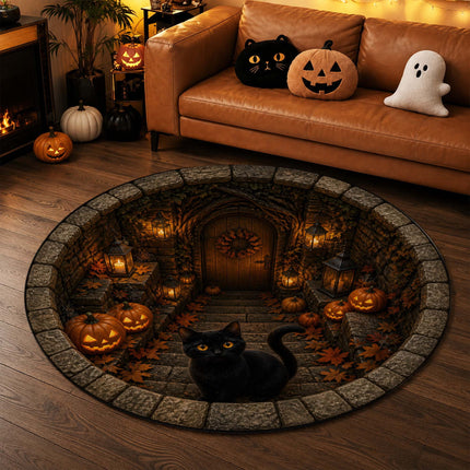 Halloween Round Rug Black Cat Pumpkin Lantern Doormat
