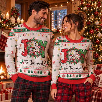 Funny Joy to the World Ugly Sweatshirt Christmas Cartoon Wreath