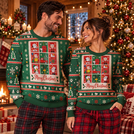 Funny Cartoon Christmas Ugly Sweatshirt Green Holiday Comic Panels