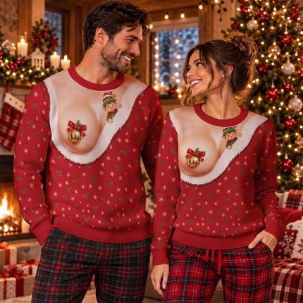 Funny Jingle Bell Ugly Sweatshirt Naughty Christmas Elf Chest Illusion