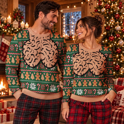 Funny Brain Christmas Ugly Sweatshirt Gingerbread Candy Cane Holiday Sweater