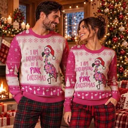 Pink Flamingo Christmas Ugly Sweatshirt Funny Dreaming of a Pink Christmas