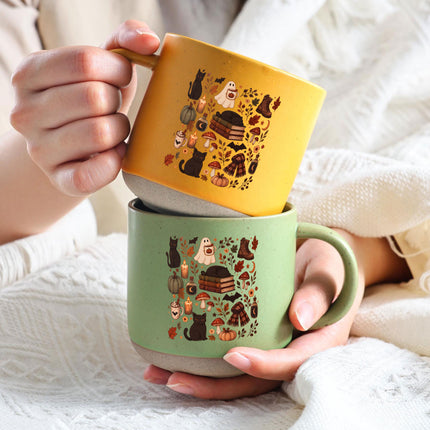 Cozy Black Cat Halloween Pottery Mug Ghost Autumn Gift