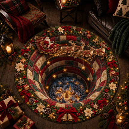 Christmas Round Rug Santa Sleigh Winter Village Doormat
