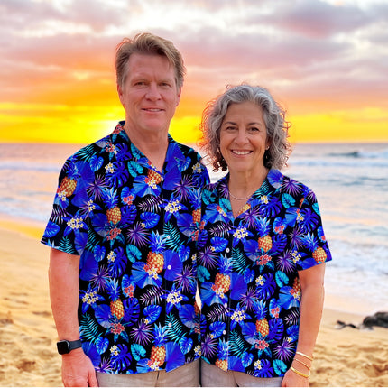 Blue Tropical Pineapple Floral Beach Summer Hawaiian Shirt