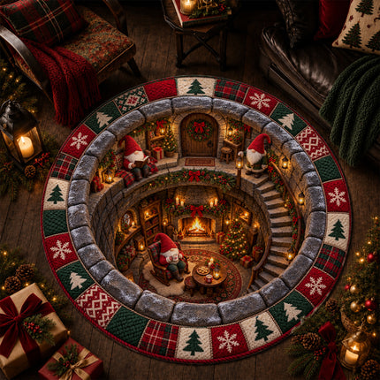 Christmas Round Rug Gnome Cottage Fireplace Doormat