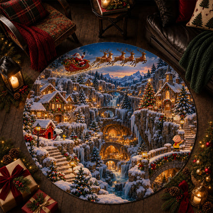 Christmas Round Rug Snowy Mountain Village Holiday Doormat