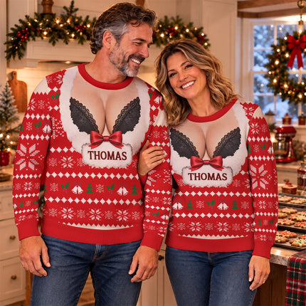Personalized Naughty Christmas Ugly Sweatshirt Funny Fake Cleavage Design