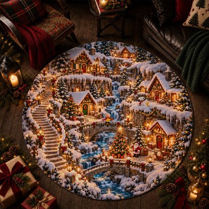 Christmas Round Rug Twinkling Cottage Waterfall Doormat