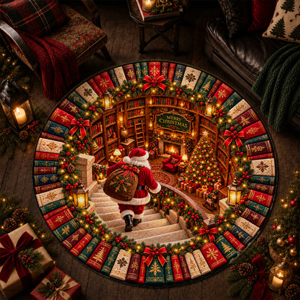 Christmas Round Rug Santa Library Fireplace Doormat