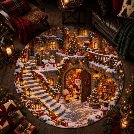 Christmas Round Rug Snowy Village Lanterns Holiday Doormat