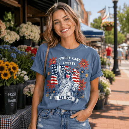 Comfort Colors Sweet Land Of Liberty EST 1776 Bubblegum Statue 250th Anniversary USA T-Shirt