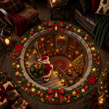 Christmas Round Rug Santa Library Holiday Doormat