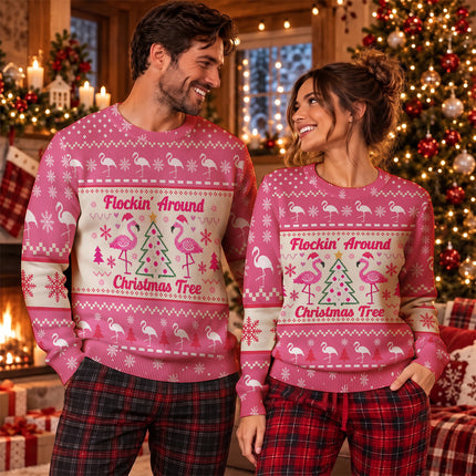 Funny Flamingo Ugly Sweatshirt Flockin Around Christmas Tree Pink