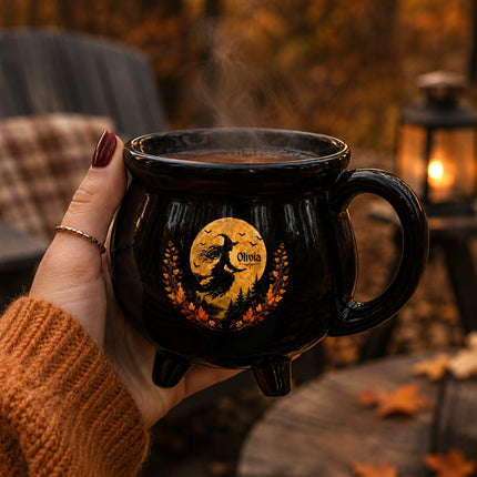 Personalized Harvest Moon Witch Cauldron Mug Halloween Flying Witch