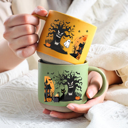Halloween Pottery Mug Black Cat Haunted House Spooky Cup