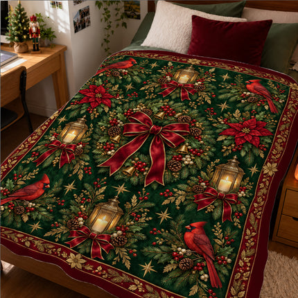 Cardinal Christmas Fleece Blanket Vintage Holiday Wreath