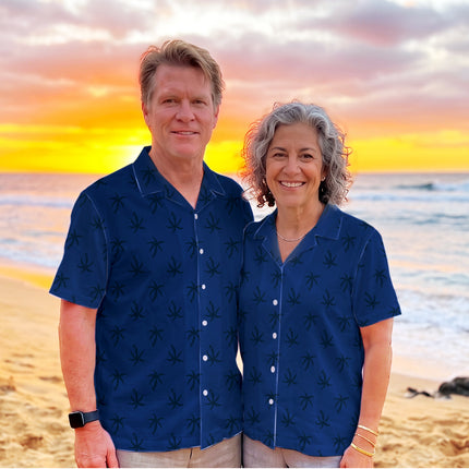 Navy Blue Palm Tree Tropical Beach Summer Hawaiian Shirt