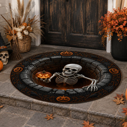 Halloween Round Rug Skeleton Pumpkin 3D Spooky Doormat