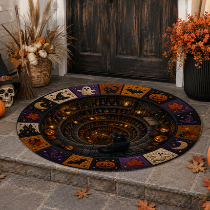 Halloween Round Rug Black Cat Witch Potion Spooky Doormat