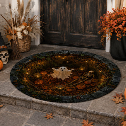 Halloween Round Rug Ghost Skeleton Pumpkin Spooky Doormat