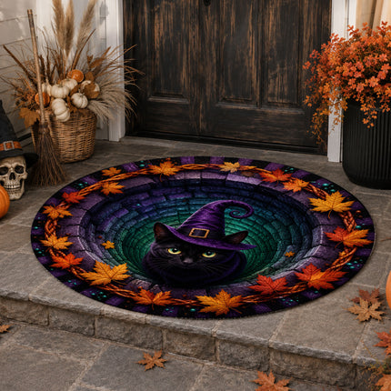 Halloween Round Rug Black Cat Witch Hat Spooky Doormat