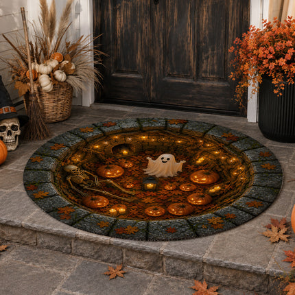 Halloween Round Rug Ghost Skeleton Pumpkin Pit Doormat
