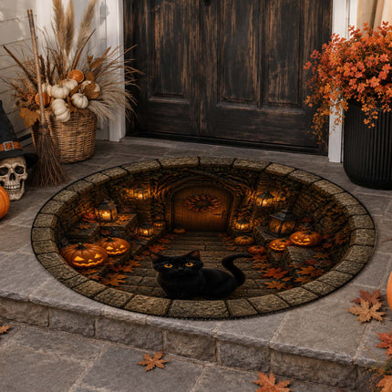 Halloween Round Rug Black Cat Pumpkin Lantern Doormat