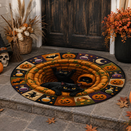 Halloween Round Rug Black Cats Pumpkin Quilt Spooky Doormat