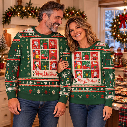 Funny Cartoon Christmas Ugly Sweatshirt Green Holiday Comic Panels