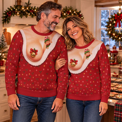 Funny Jingle Bell Ugly Sweatshirt Naughty Christmas Elf Chest Illusion