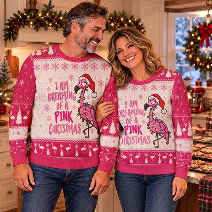 Pink Flamingo Christmas Ugly Sweatshirt Funny Dreaming of a Pink Christmas