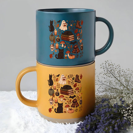 Cozy Black Cat Halloween Pottery Mug Ghost Autumn Gift