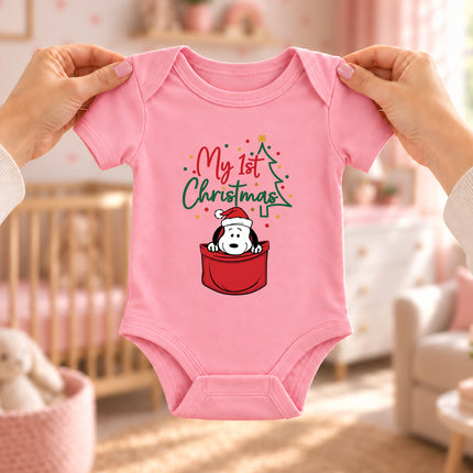 My First Christmas Santa Hat Pocket Graphic Baby Bodysuit