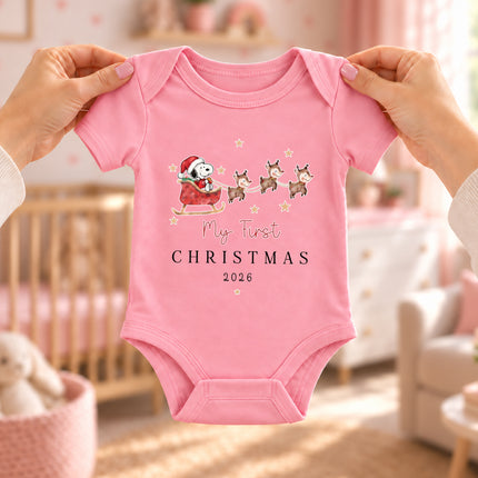 My First Christmas 2026 Reindeer Sleigh Baby Bodysuit