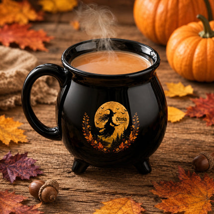 Personalized Harvest Moon Witch Cauldron Mug Halloween Flying Witch