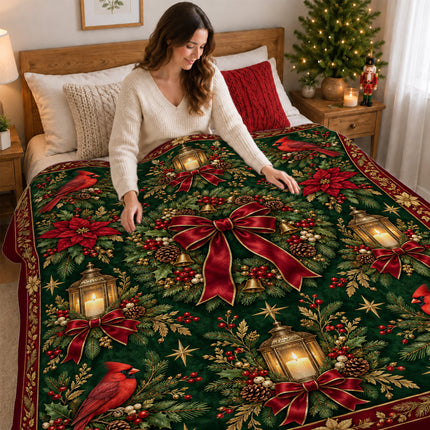 Cardinal Christmas Fleece Blanket Vintage Holiday Wreath