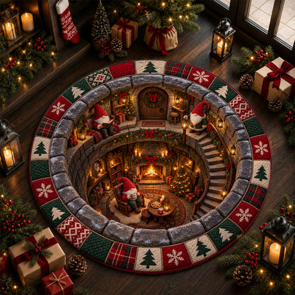 Christmas Round Rug Gnome Cottage Fireplace Doormat
