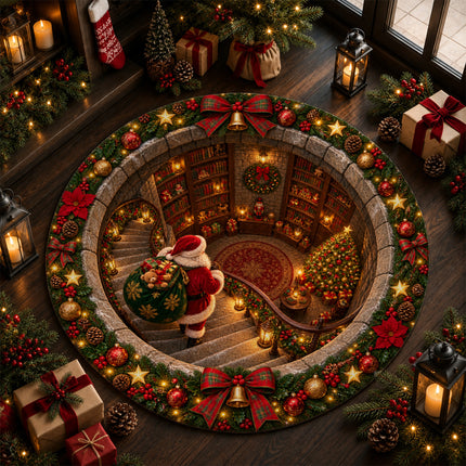 Christmas Round Rug Santa Library Holiday Doormat