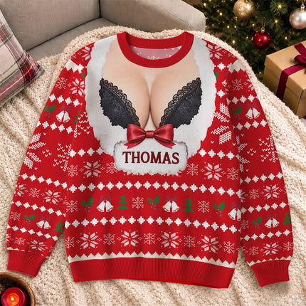 Personalized Naughty Christmas Ugly Sweatshirt Funny Fake Cleavage Design