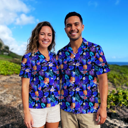 Blue Tropical Pineapple Floral Beach Summer Hawaiian Shirt