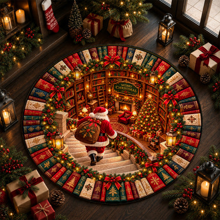 Christmas Round Rug Santa Library Fireplace Doormat