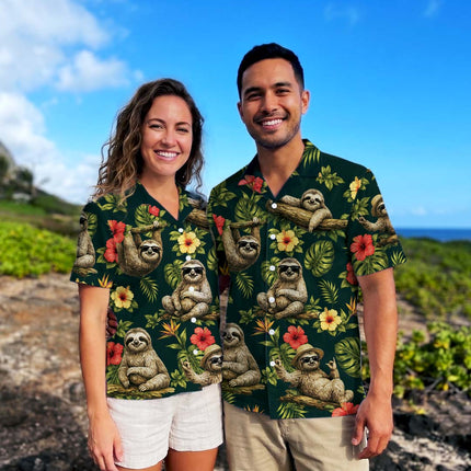Tropical Sloth Floral Summer Vacation Hawaiian Shirt