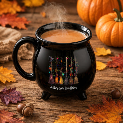 A Girls Gotta Have Options Cauldron Mug Halloween Witch Broom Coffee Cup