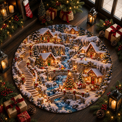 Christmas Round Rug Twinkling Cottage Waterfall Doormat