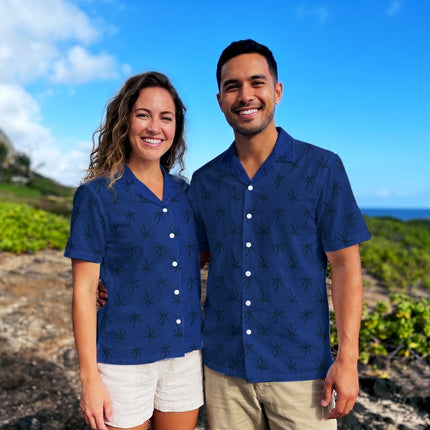Navy Blue Palm Tree Tropical Beach Summer Hawaiian Shirt