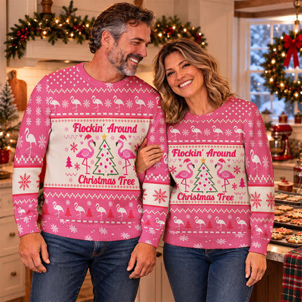 Funny Flamingo Ugly Sweatshirt Flockin Around Christmas Tree Pink