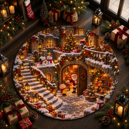 Christmas Round Rug Snowy Village Lanterns Holiday Doormat