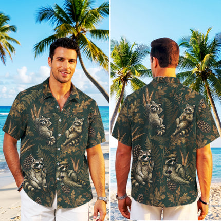Vintage Raccoon Forest Botanical Summer Hawaiian Shirt
