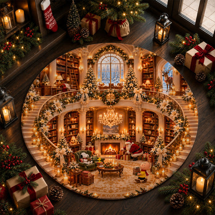 Christmas Round Rug Cozy Library Grand Staircase Holiday Doormat
